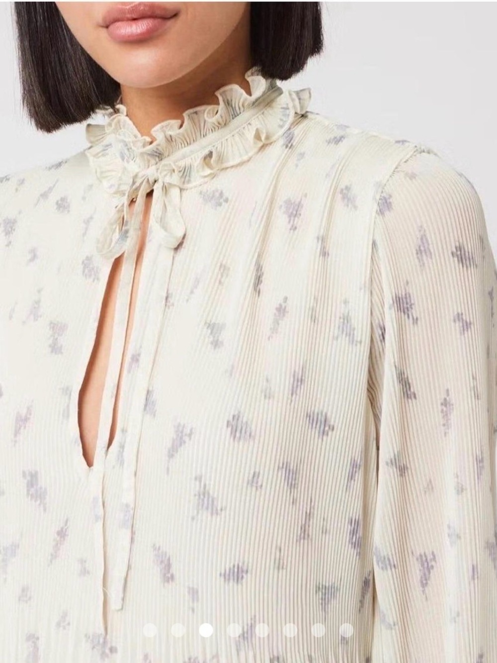 Ganni Cream Floral Tie-Neck Pleated Midi Dress - Picture 4 of 9